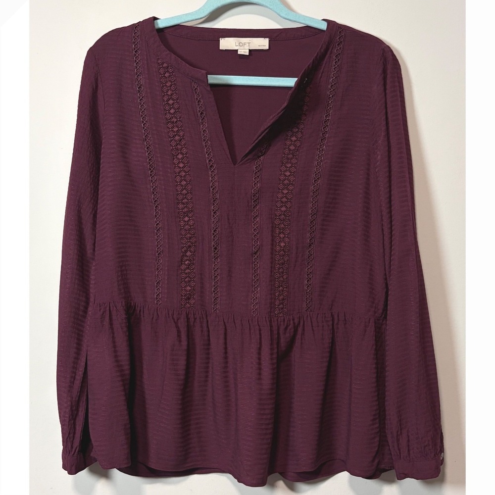 Loft Petites Burgundy Lace Embroidered Peplum Blouse Long Sleeve MP 491611